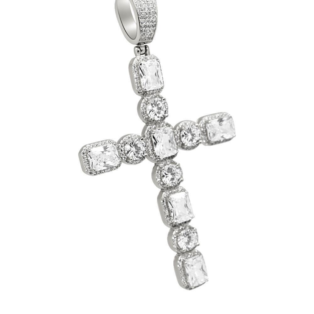 .925 Silver Emerald and Round Cut CZ Cross HipHopBling