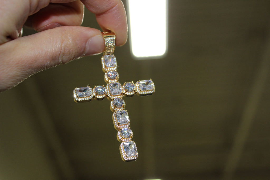 .925 Silver Emerald and Round Cut CZ Cross HipHopBling