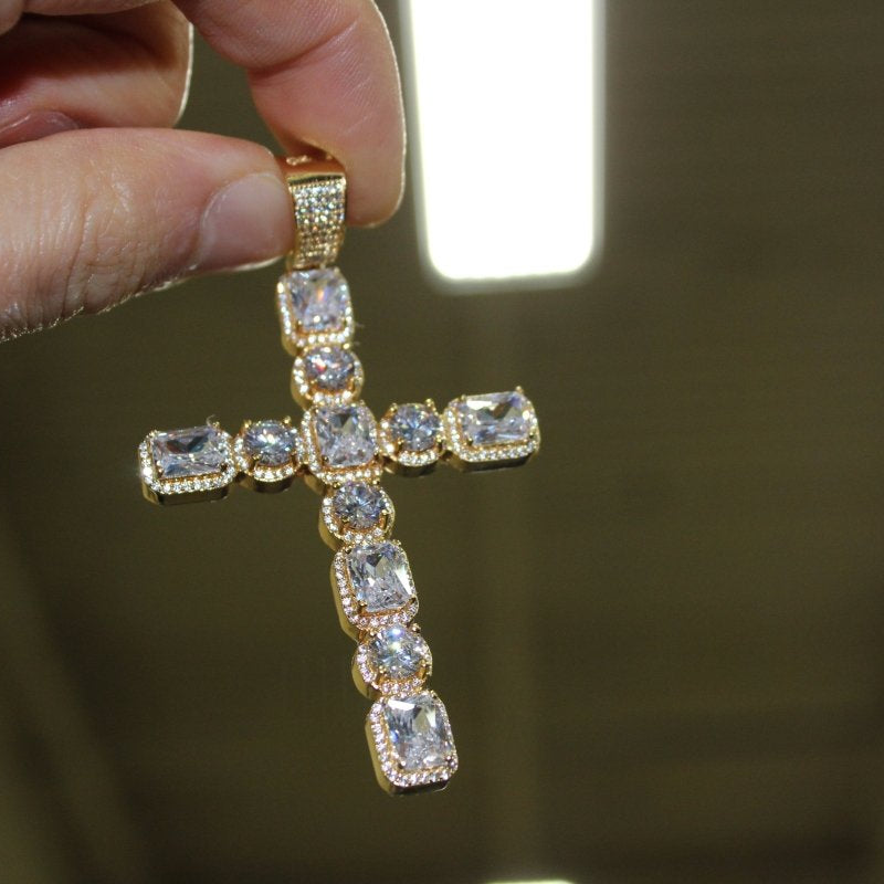 .925 Silver Emerald and Round Cut CZ Cross White Gold HipHopBling