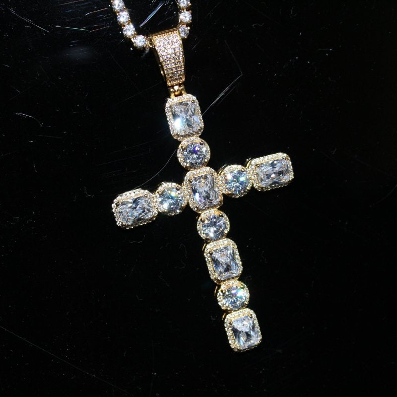 .925 Silver Emerald and Round Cut CZ Cross White Gold HipHopBling
