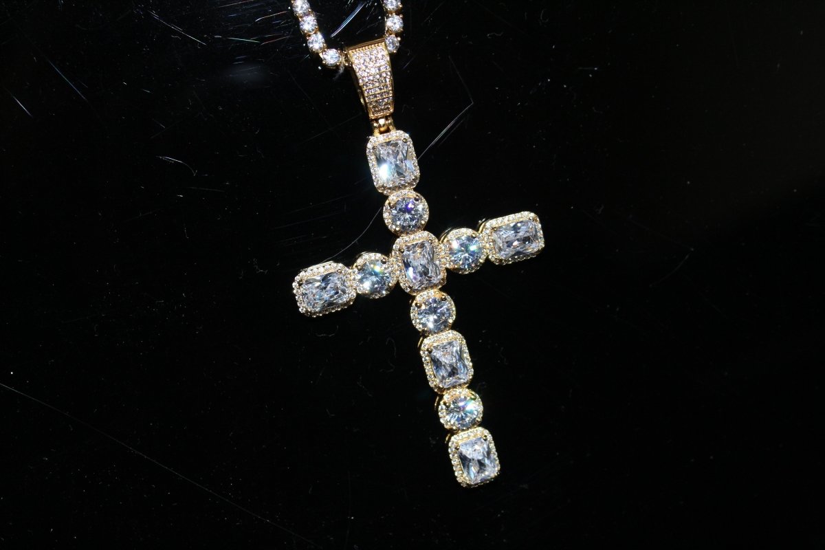 .925 Silver Emerald and Round Cut CZ Cross White Gold HipHopBling