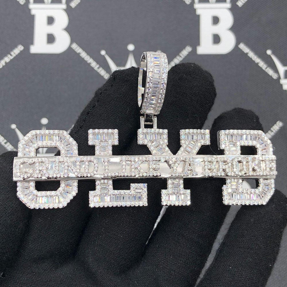 .925 Silver GLYB Grind Like Ya Broke Baguette CZ Iced Out Pendant White Gold HipHopBling