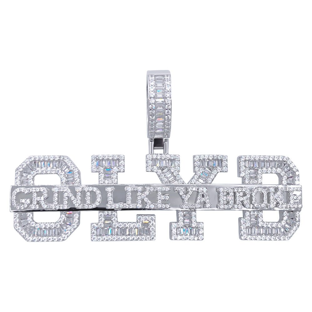 .925 Silver GLYB Grind Like Ya Broke Baguette CZ Iced Out Pendant White Gold HipHopBling