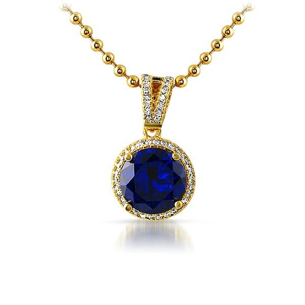 .925 Silver Gold M Round Blue Gem Iced Pendant HipHopBling