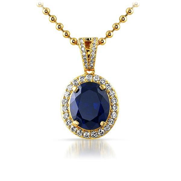 .925 Silver Gold Oval Blue Gem Pendant HipHopBling