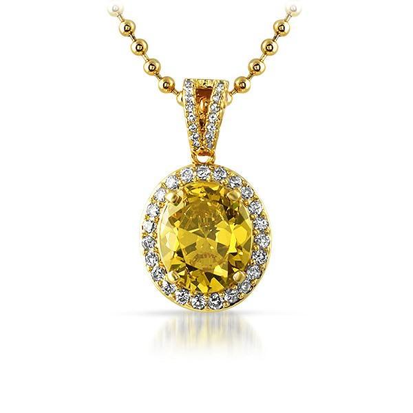 .925 Silver Gold Oval Yellow Gem Iced Out Pendant HipHopBling
