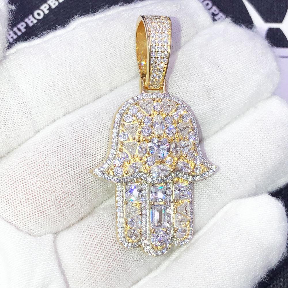 .925 Silver Hamsa Stone Medley VVS CZ Iced Out Pendant Yellow Gold HipHopBling