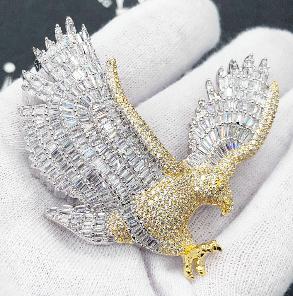 .925 Silver Hawk Baguette VVS CZ Iced Out Pendant Yellow Gold HipHopBling