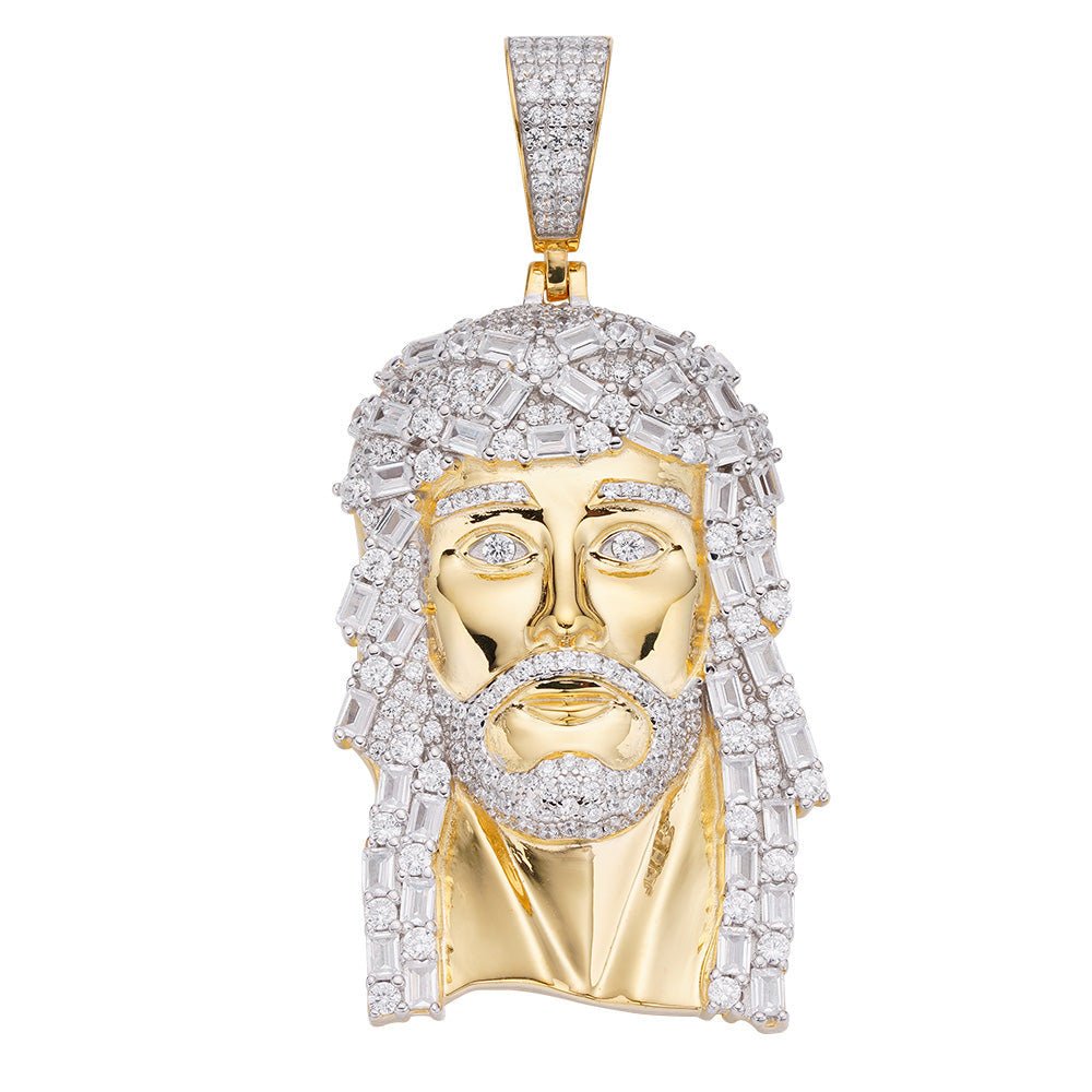.925 Silver Jesus Baguette CZ Iced Out Pendant Yellow Gold HipHopBling