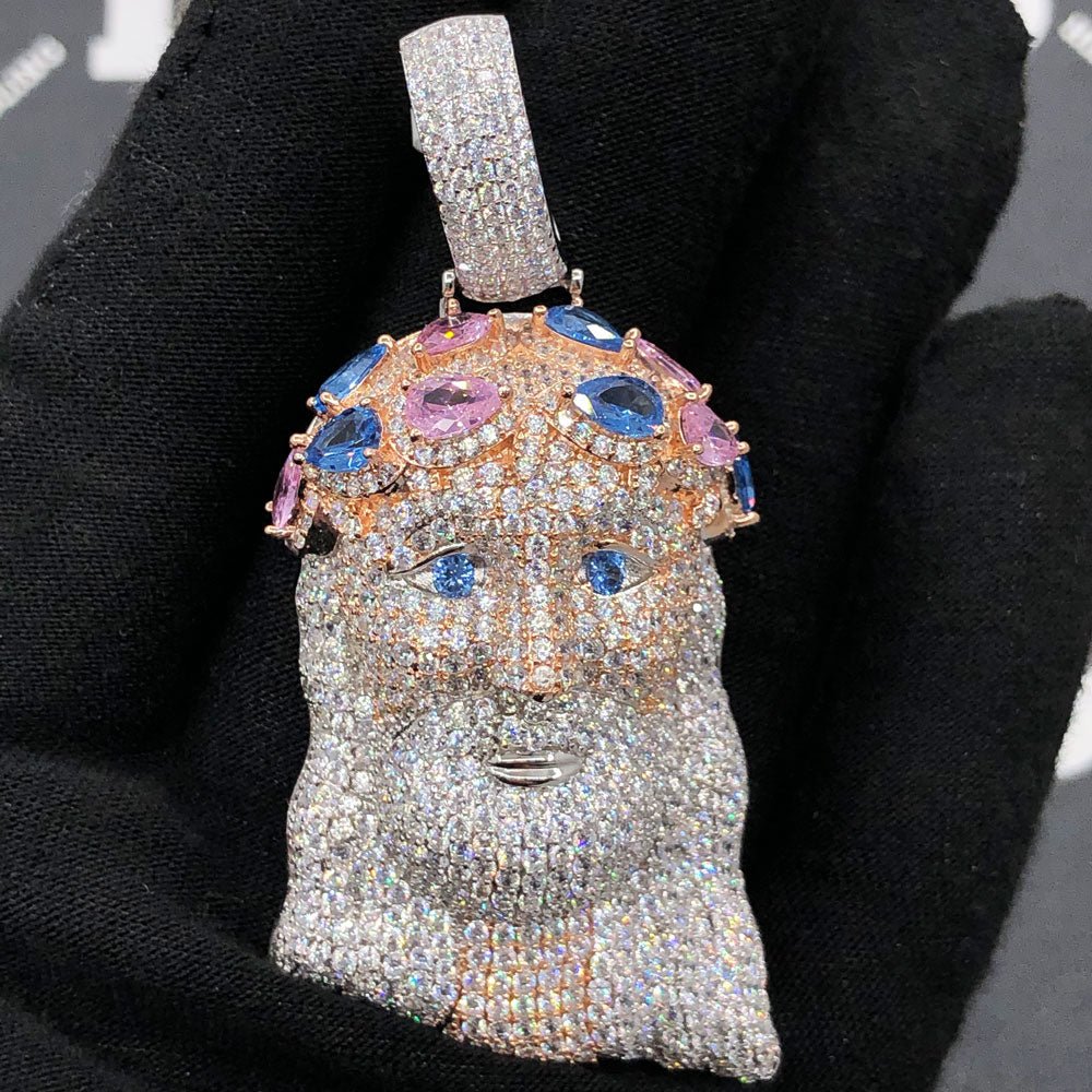 .925 Silver Jesus Gem Crown VVS CZ Iced Out Pendant White Gold HipHopBling