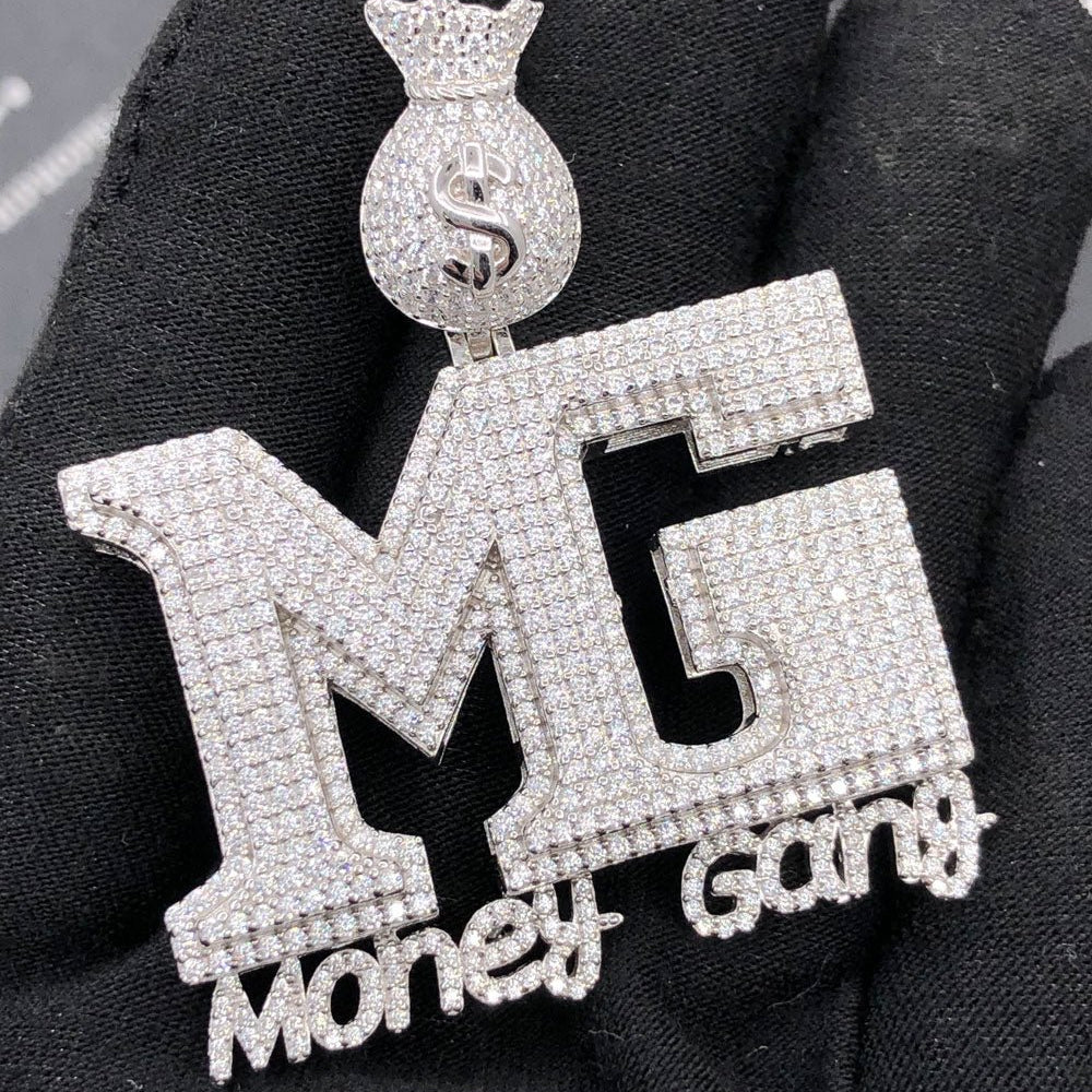 .925 Silver MG Money Gang VVS CZ Iced Out Pendant White Gold HipHopBling