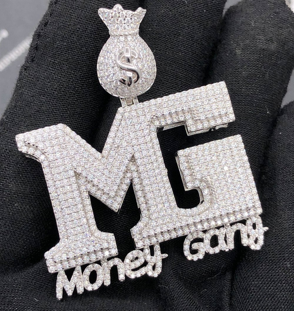 .925 Silver MG Money Gang VVS CZ Iced Out Pendant White Gold HipHopBling