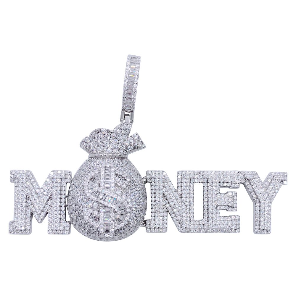 .925 Silver MONEY $ Bag VVS CZ Iced Out Pendant White Gold HipHopBling