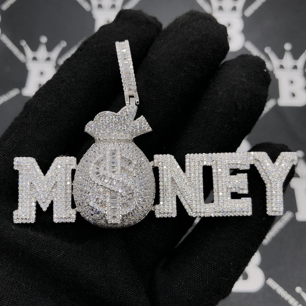 .925 Silver MONEY $ Bag VVS CZ Iced Out Pendant White Gold HipHopBling