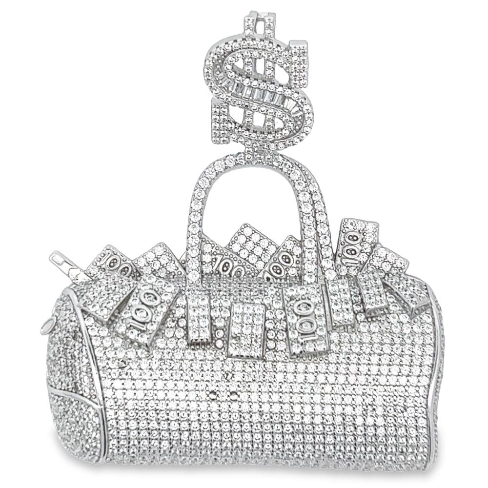 .925 Silver Money Filled Duffle Bag CZ Iced Out Pendant White Gold HipHopBling