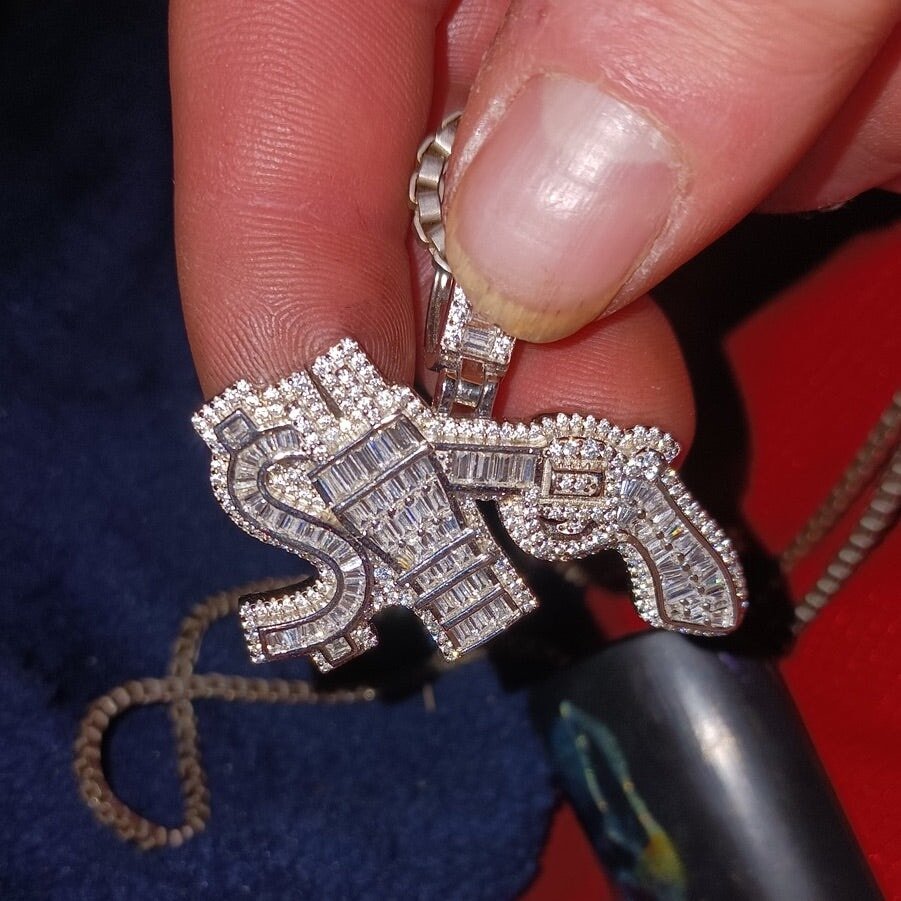 .925 Silver Money Power Respect $ Plug Gun CZ Iced Out Pendant White Gold HipHopBling