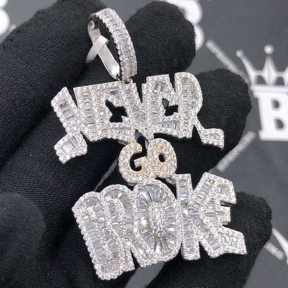 .925 Silver Never Go Broke Baguette VVS CZ Iced Out Pendant White Gold HipHopBling