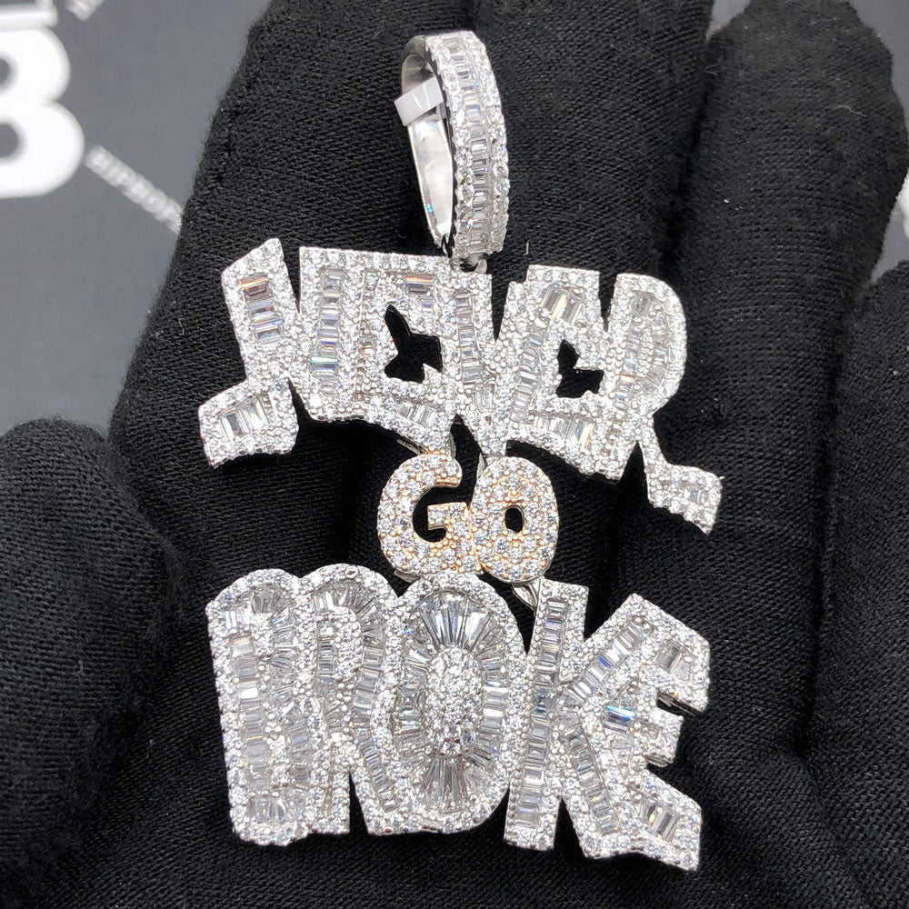 .925 Silver Never Go Broke Baguette VVS CZ Iced Out Pendant White Gold HipHopBling