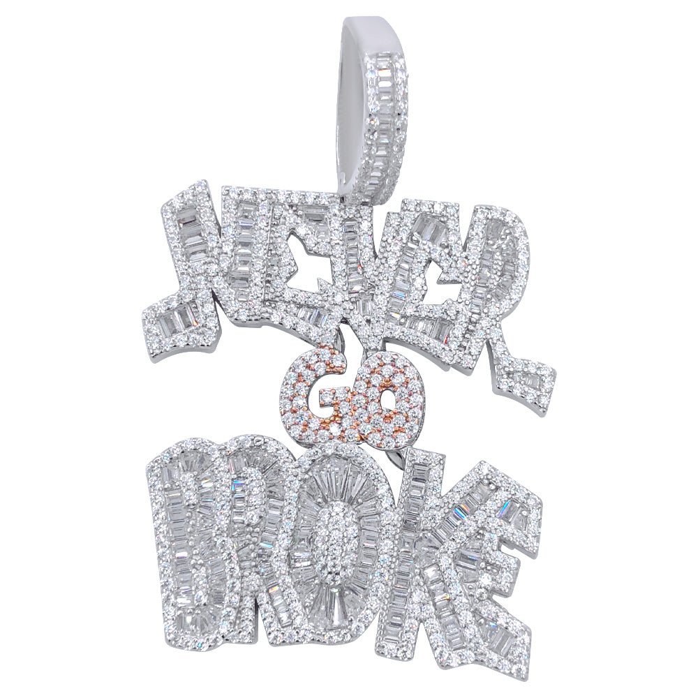 .925 Silver Never Go Broke Baguette VVS CZ Iced Out Pendant White Gold HipHopBling