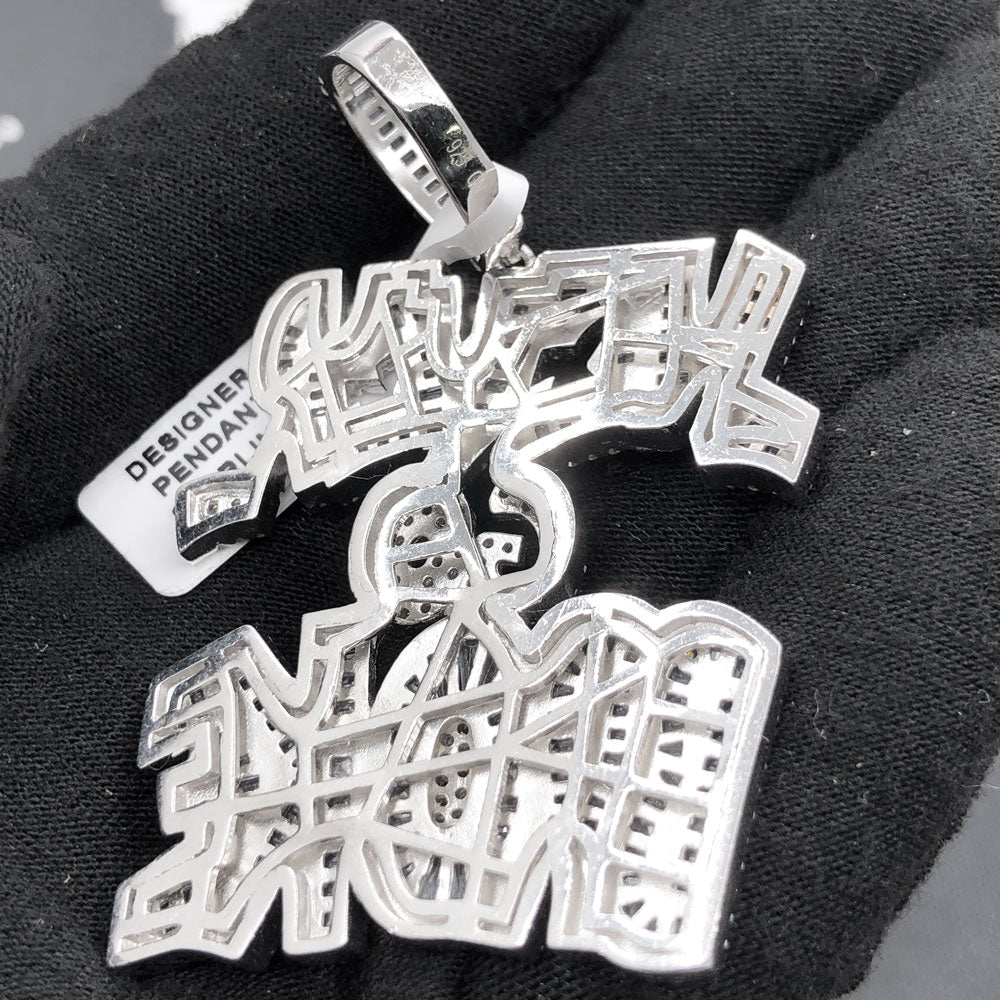 .925 Silver Never Go Broke Baguette VVS CZ Iced Out Pendant White Gold HipHopBling