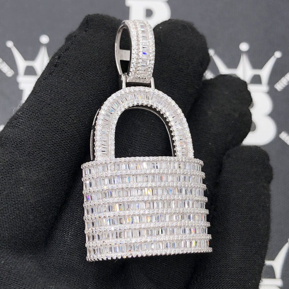 .925 Silver Padlock Baguette VVS CZ Iced Out Pendant White Gold HipHopBling