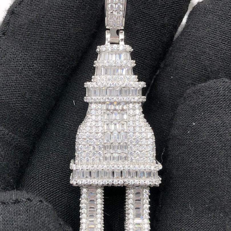.925 Silver Plug Baguette VVS CZ Iced Out Pendant White Gold HipHopBling