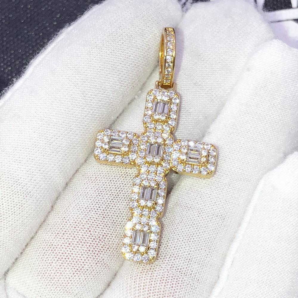 .925 Silver Skinny Baguette Cluster Cross VVS CZ Iced Out Pendant Yellow Gold HipHopBling