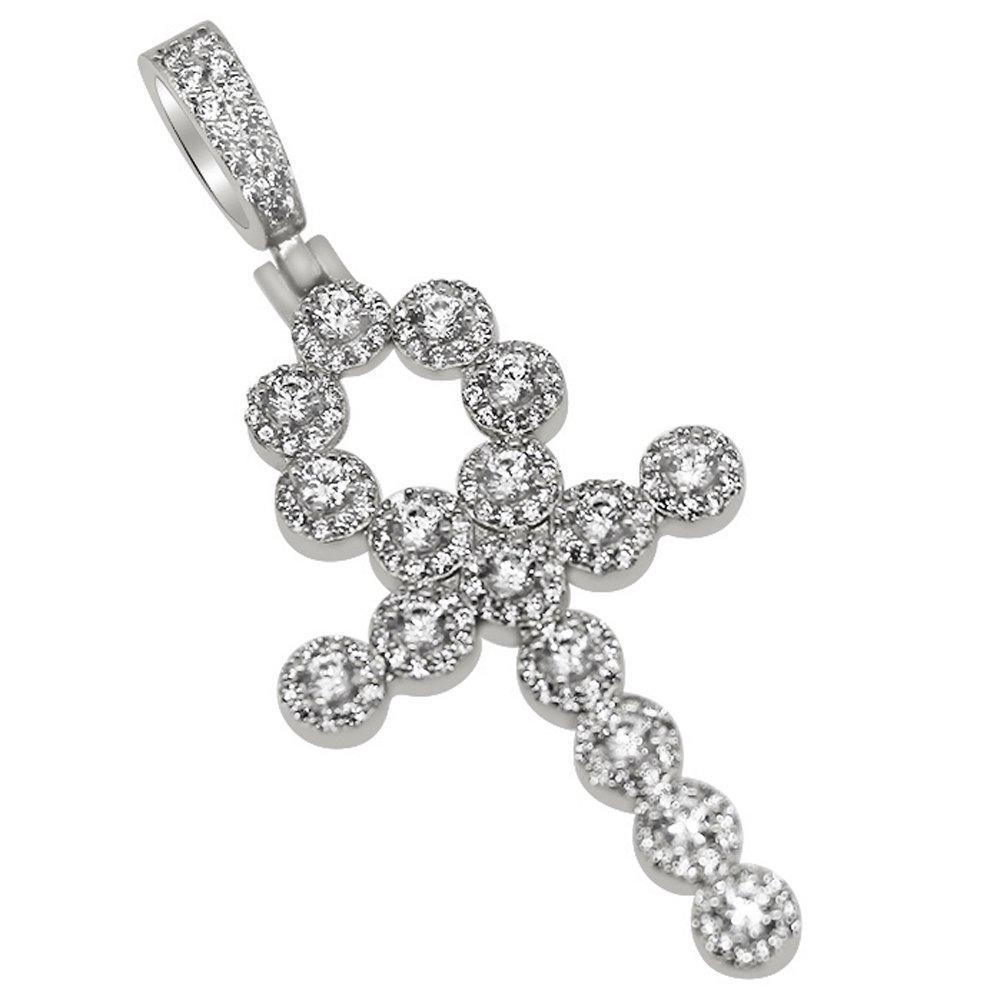 .925 Silver Skinny Cluster Cross CZ Bling Bling Pendant White Gold HipHopBling