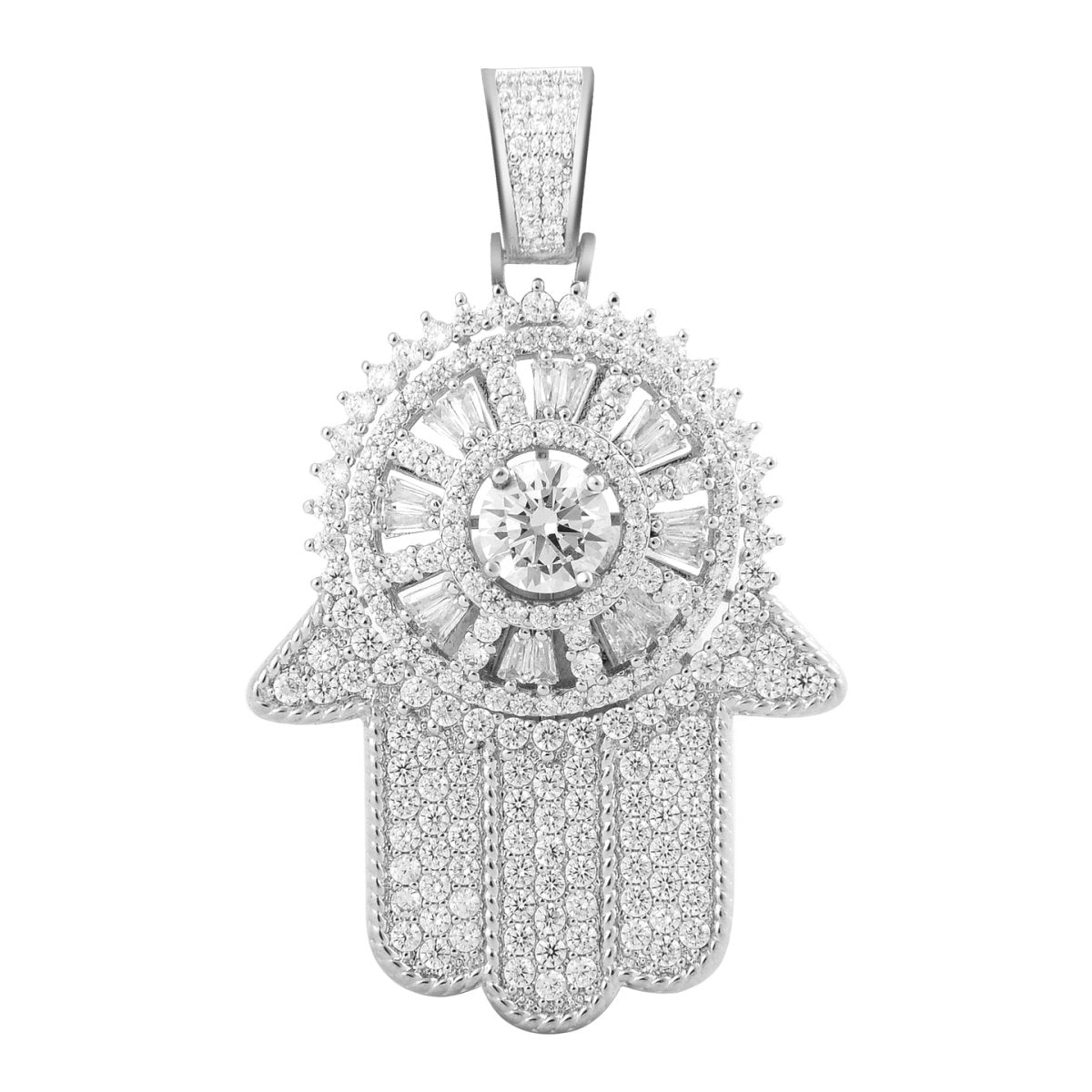 .925 Silver Spinning Hamsa Baguette CZ Iced Out Pendant White Gold HipHopBling