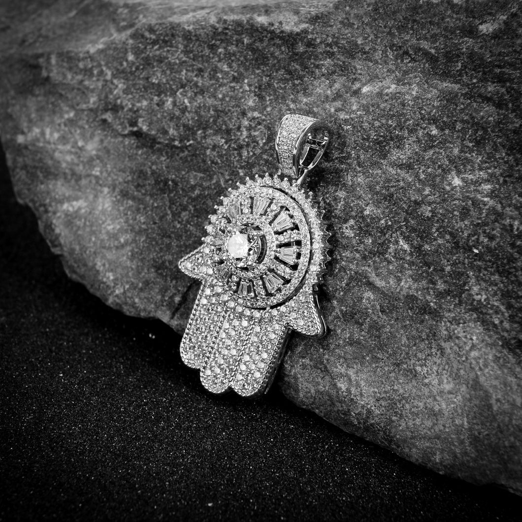 .925 Silver Spinning Hamsa Baguette CZ Iced Out Pendant White Gold HipHopBling