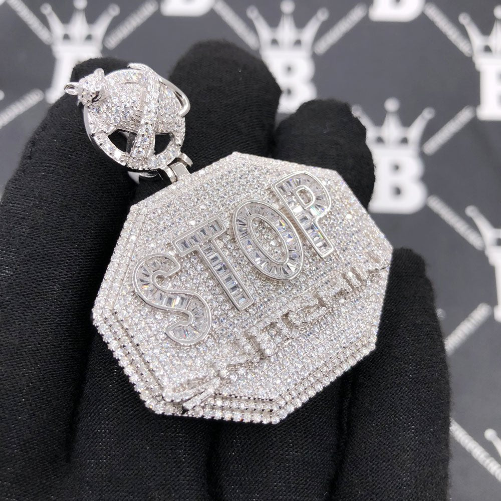 .925 Silver STOP Snitching VVS CZ Iced Out Pendant White Gold HipHopBling