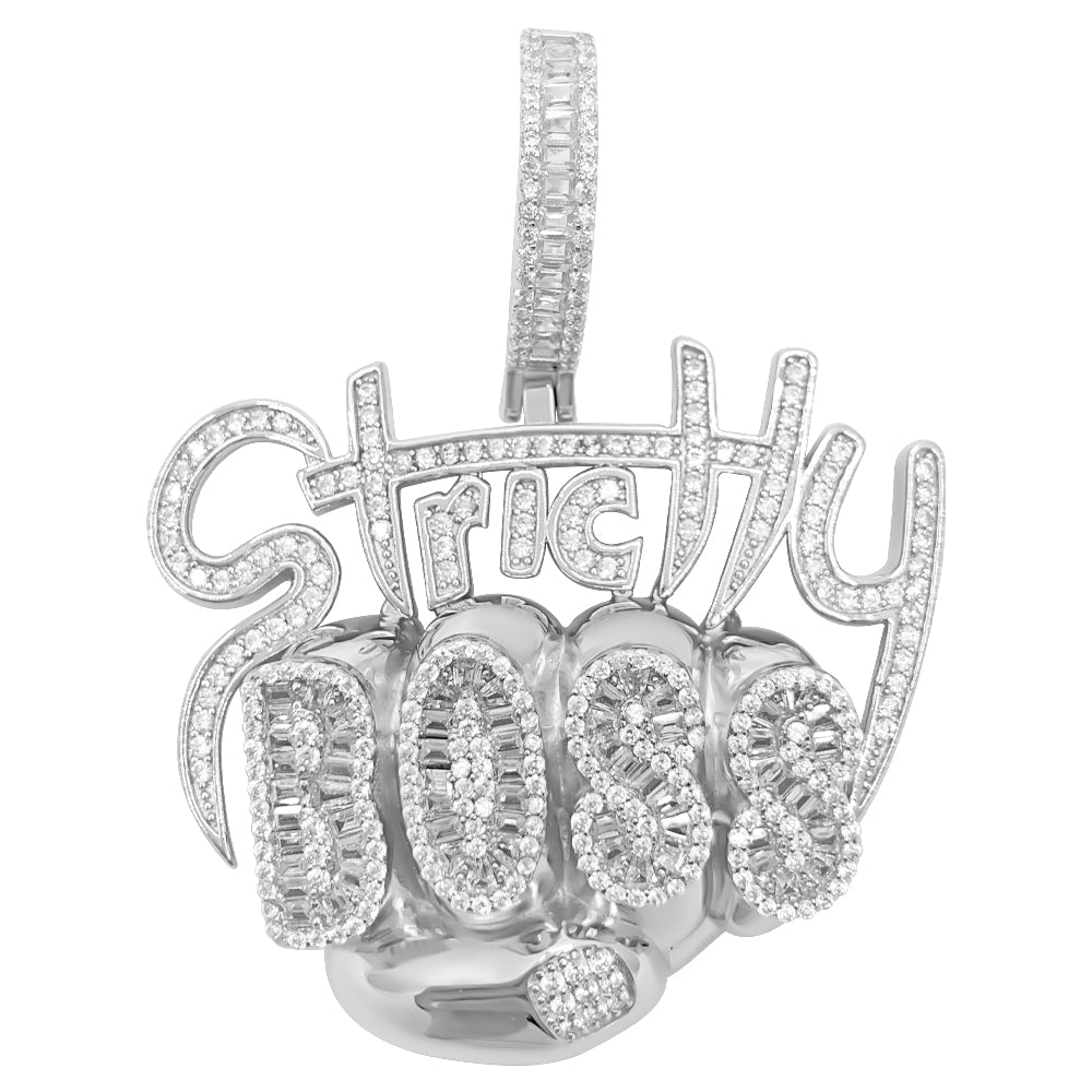 .925 Silver Strictly Boss Baguette CZ Iced Out Pendant HipHopBling