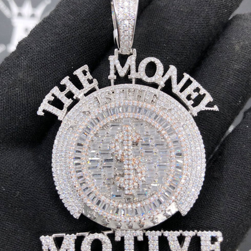 .925 Silver $ The Money Motive Baguette VVS CZ Iced Out Pendant White Gold HipHopBling