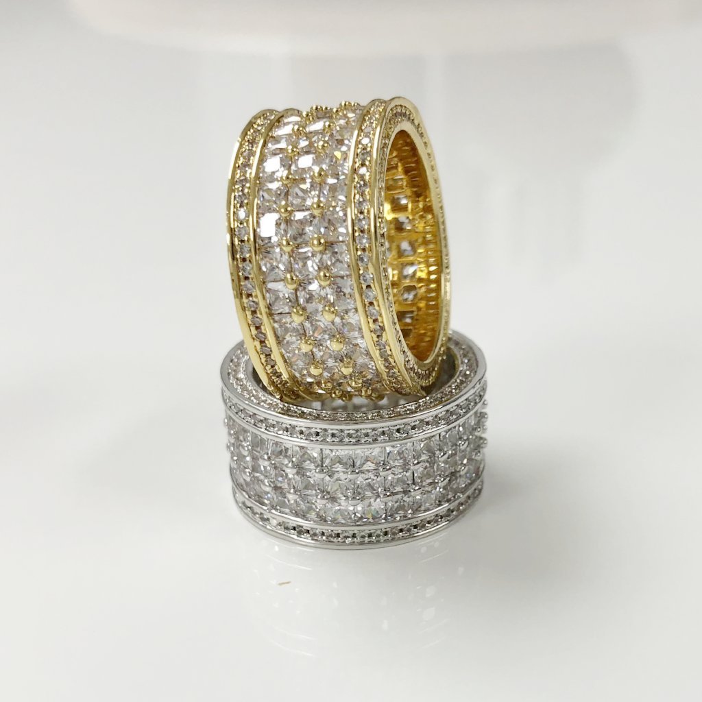 .925 Silver Triple Princess Cut Eternity Band CZ Bling Ring Rhodium 7 HipHopBling