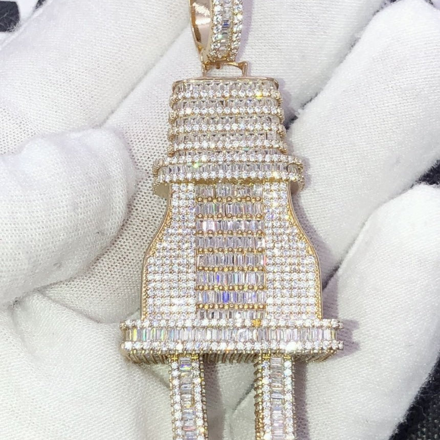 .925 Silver XL 3D Baguette PLUG VVS CZ Iced Out Pendant Yellow Gold HipHopBling