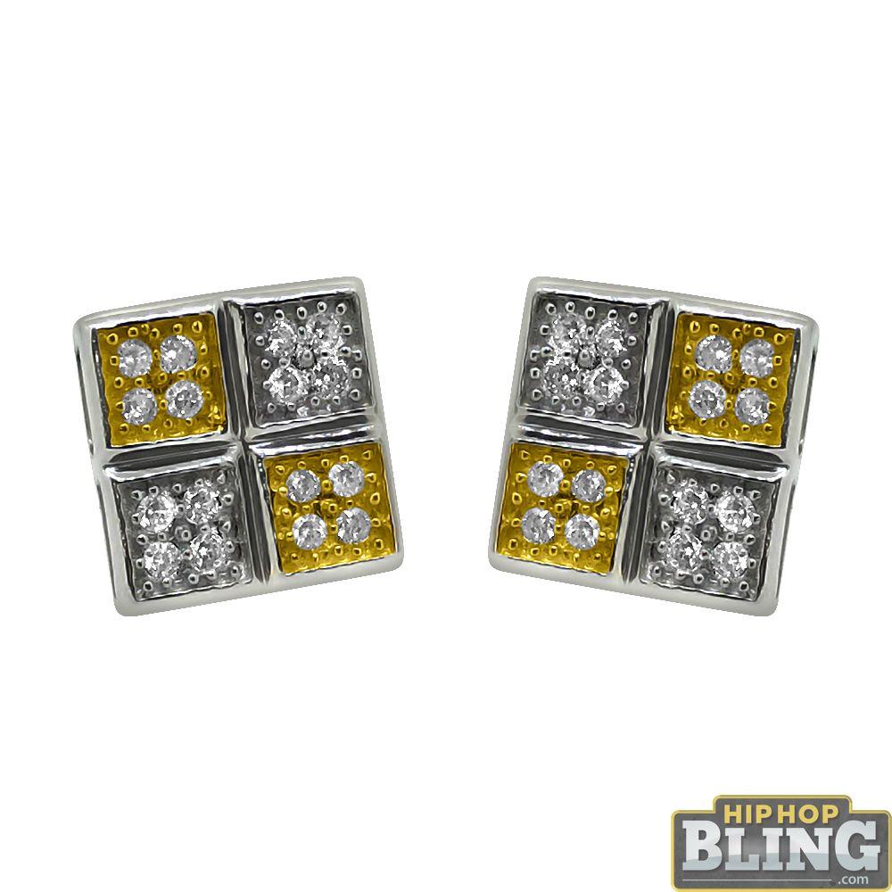 .925 Sterling Silver 2 Tone Quad Box CZ Earrings HipHopBling