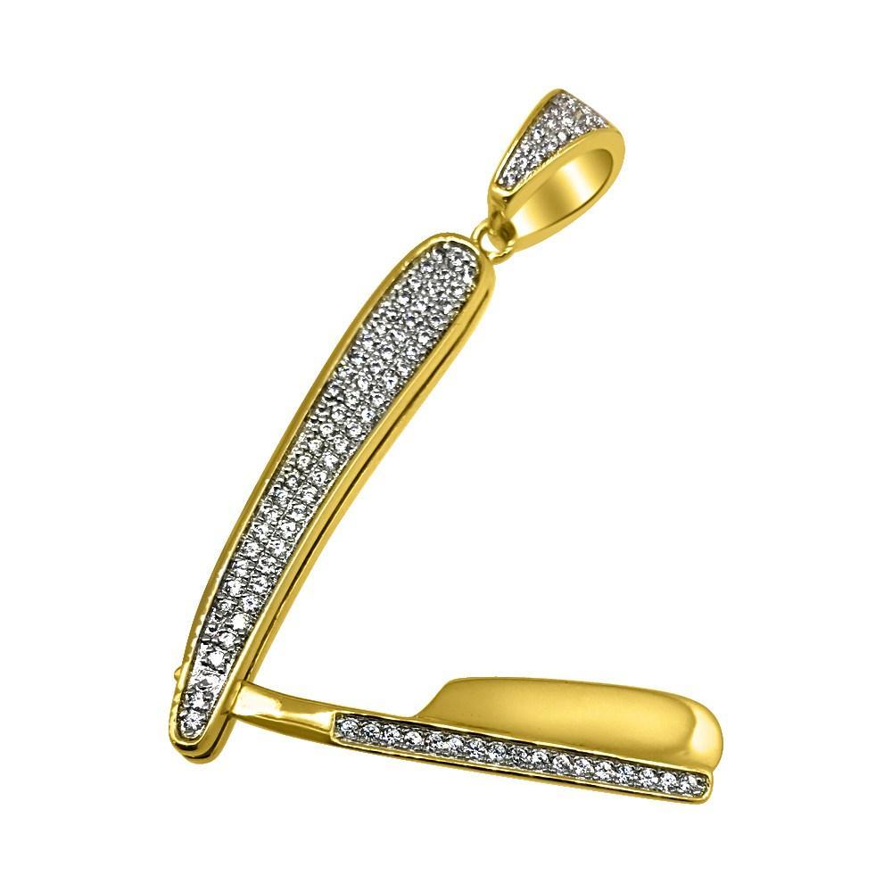 .925 Sterling Silver Barber Razor CZ Bling Bling Pendant White Gold HipHopBling