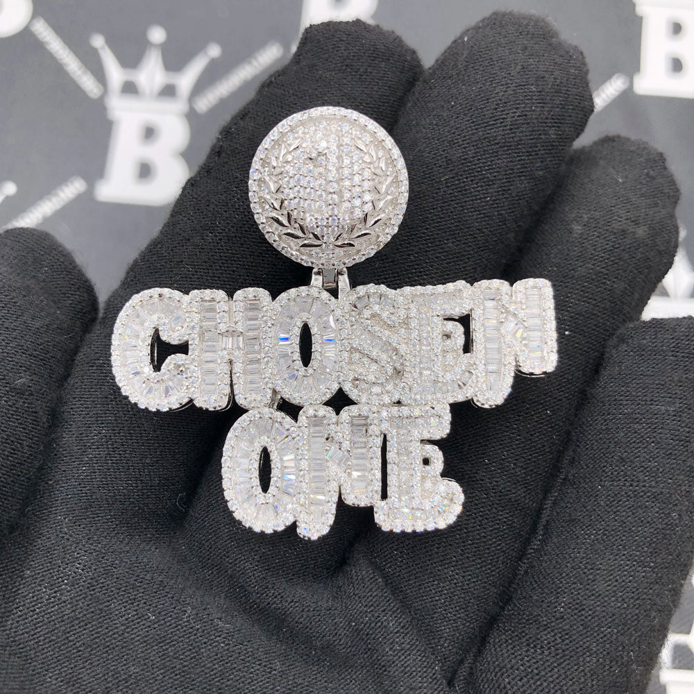 .925 Sterling Silver Chosen One Baguette VVS CZ Iced Out Pendant White Gold HipHopBling