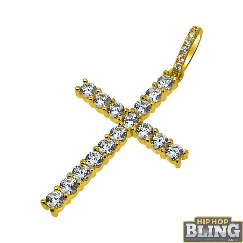 .925 Sterling Silver Gold 3MM CZ Tennis Cross HipHopBling