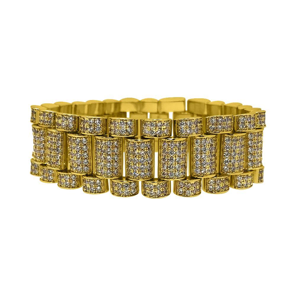 .925 Sterling Silver President CZ Bling Bling Bracelet 22MM in Gold 8" HipHopBling