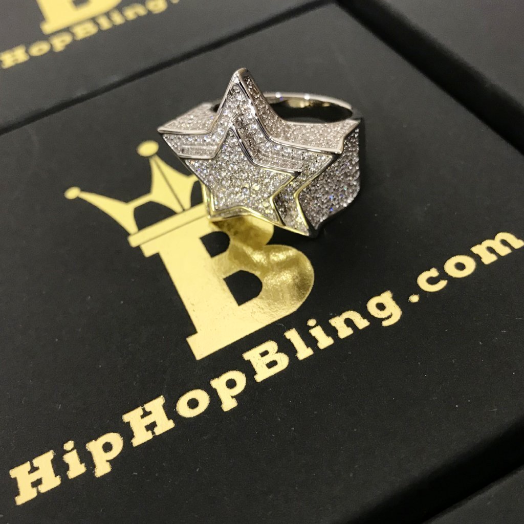 .925 Sterling Silver Super Star Rhodium CZ Bling Ring HipHopBling