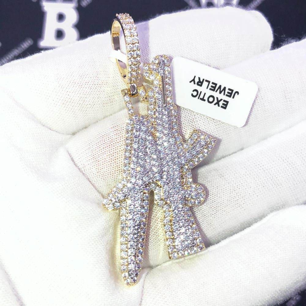 AK Gun Letters CZ Hip Hop Bling Bling Pendant White Gold HipHopBling