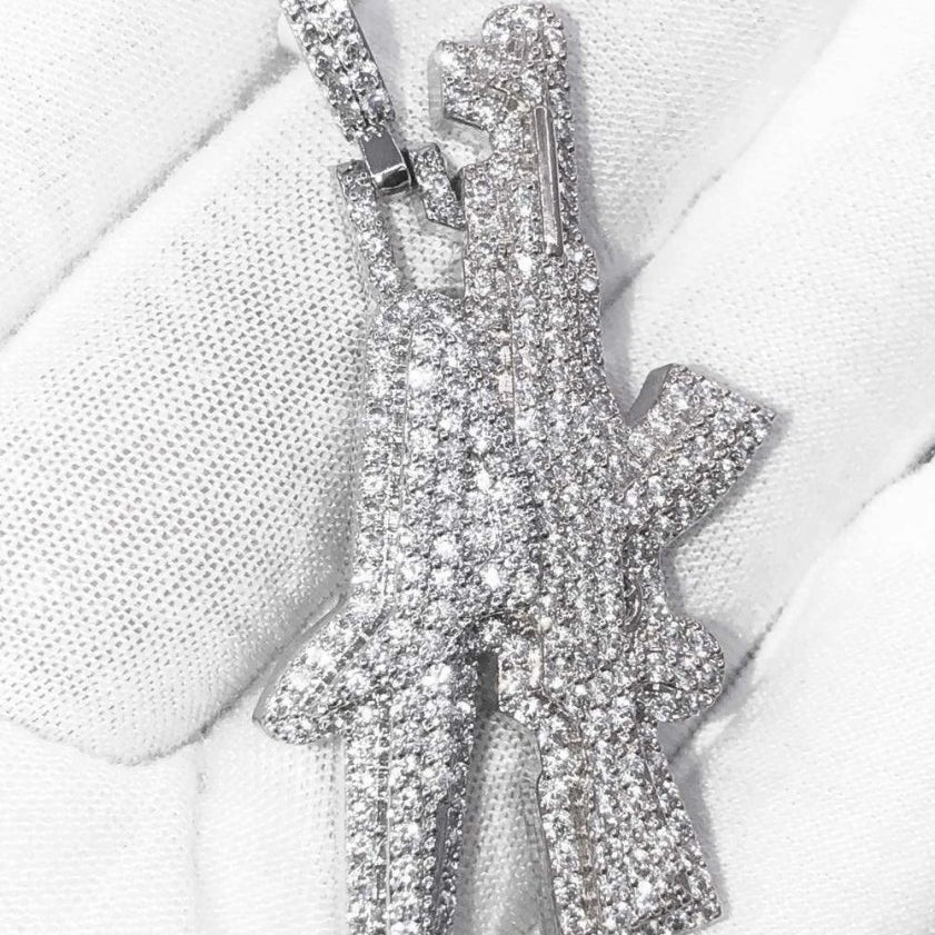AK Gun Letters CZ Hip Hop Bling Bling Pendant White Gold HipHopBling