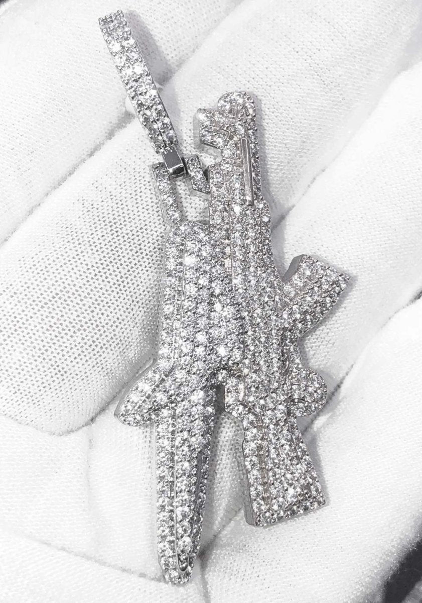 AK Gun Letters CZ Hip Hop Bling Bling Pendant White Gold HipHopBling