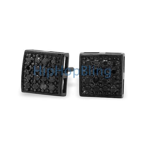 All Black Puffed Box CZ Micro Pave Earrings .925 Silver HipHopBling
