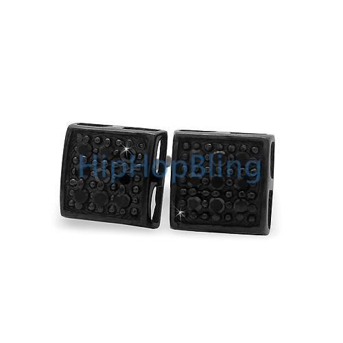 All Black SM Puffed Box CZ Micro Pave Earrings .925 Silver HipHopBling