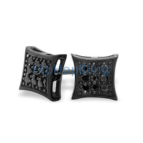 All Black Small Puffed Kite CZ Micro Pave Earrings Silver HipHopBling