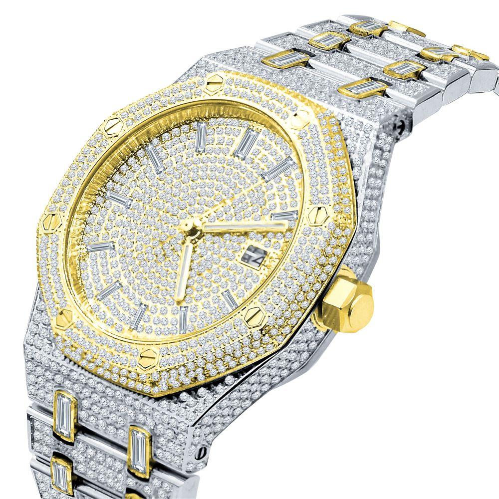 Amazing CZ Full Bustdown Iced Out Watch 2-Tone Yellow HipHopBling