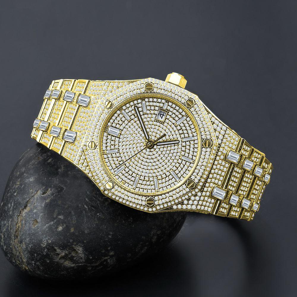 Amazing CZ Full Bustdown Iced Out Watch Yellow Gold HipHopBling