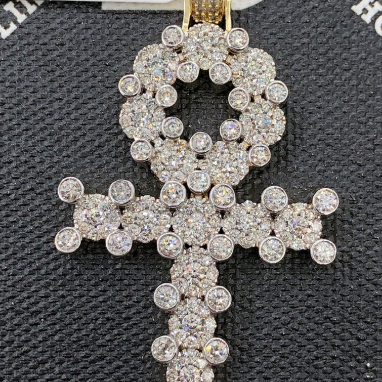 Ankh Cross Cluster Prong Diamond Pendant 3.51cttw 10K Yellow Gold HipHopBling
